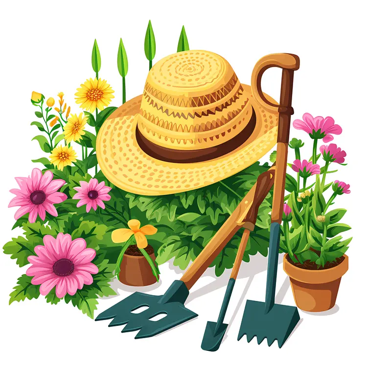 Gardening Tools and Flowers in Spring