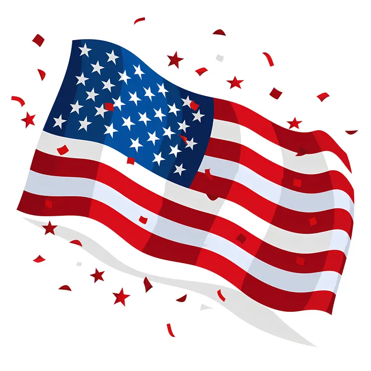Waving American Flag with Confetti