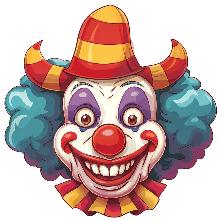 Creepy Clown with Striped Hat and Blue Hair