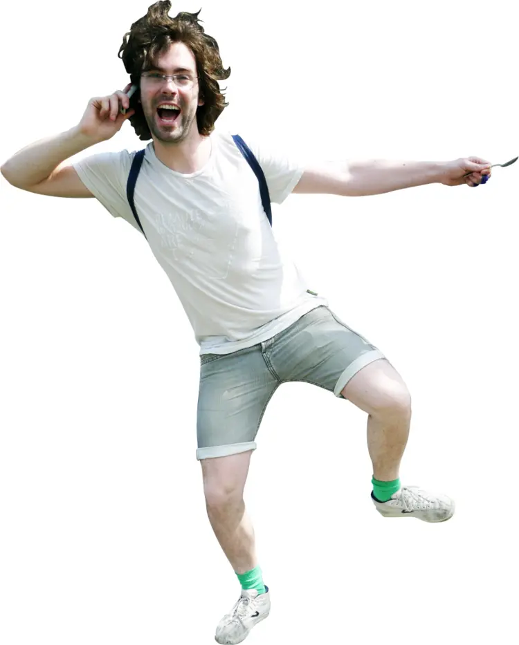 Man Jumping and Using Phone