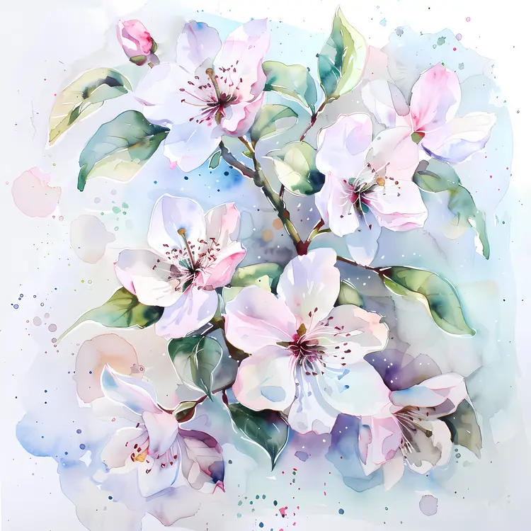Pink Flowers on a Branch with Green Leaves