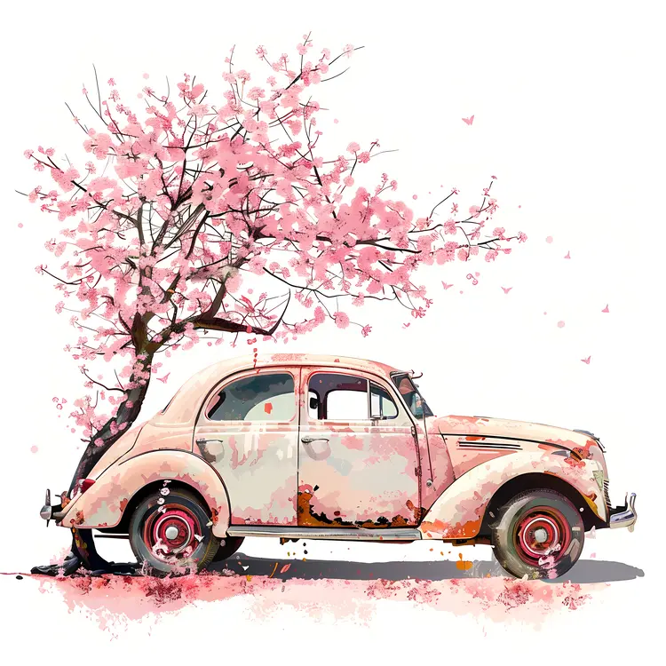 Vintage Car with Cherry Blossom Tree