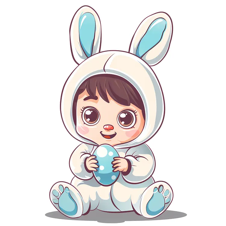 Cute Baby in Blue Bunny Costume Holding an Egg
