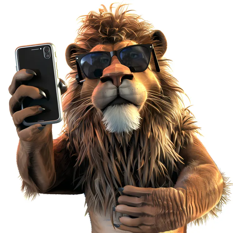 Stylish Lion in Sunglasses Taking a Selfie