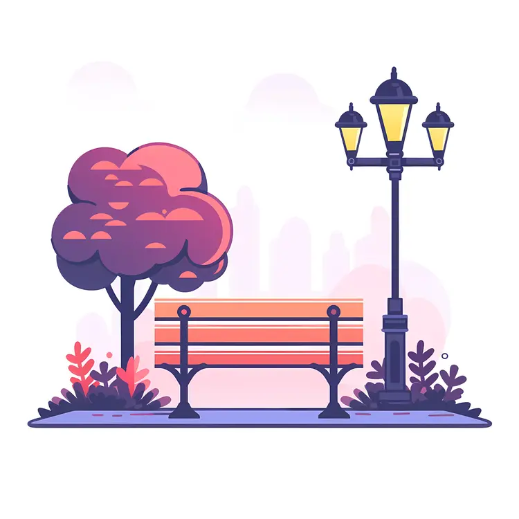Park Bench with Tree and Lamp Post