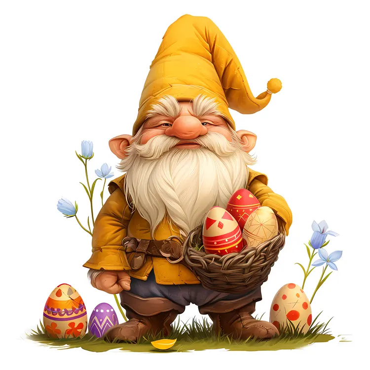 Gnome with Basket of Colorful Eggs