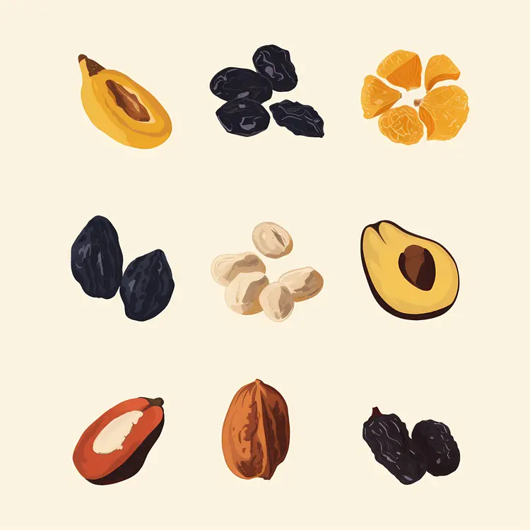 Illustration of Various Dried Fruits and Nuts