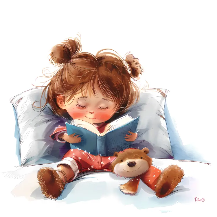 Girl Reading a Book with Teddy Bear