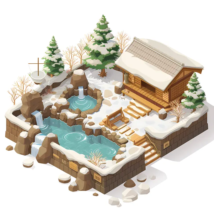 Snowy Hot Spring with Cozy Cabin