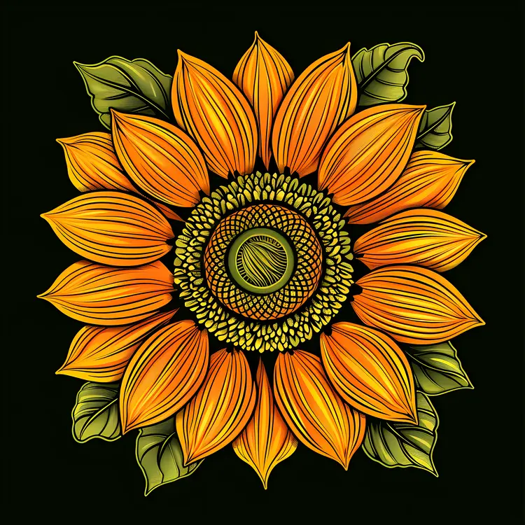 Beautiful Sunflower Illustration with Green Leaves