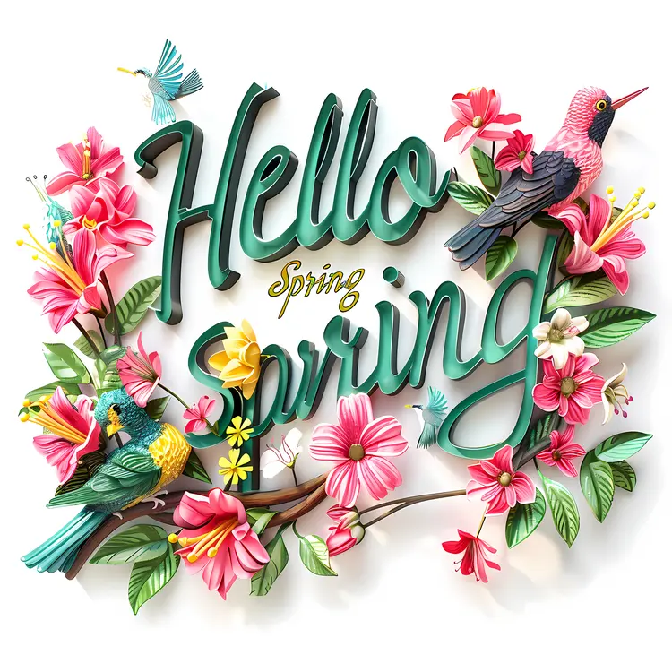 Hello Spring with Pink Flowers and Birds