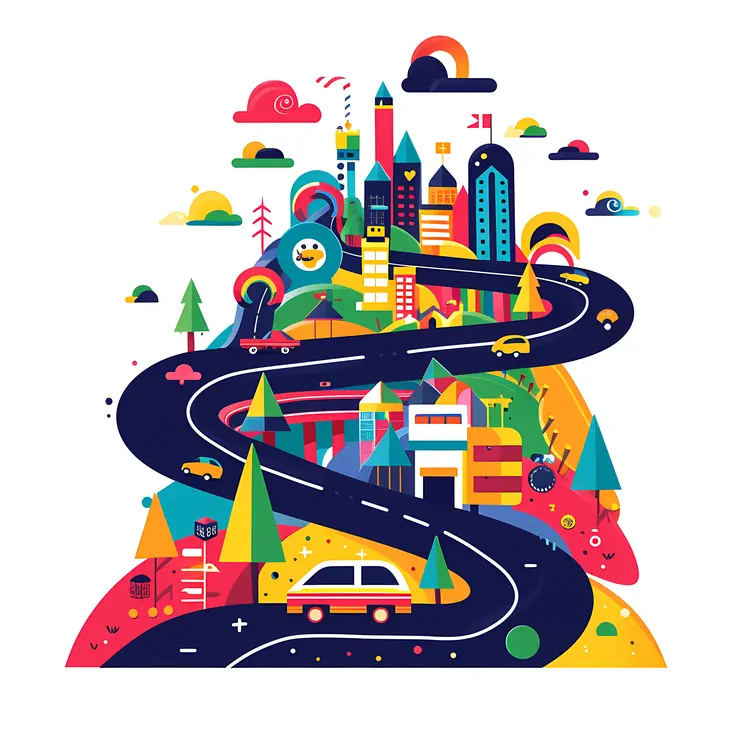 Colorful cityscape with winding road