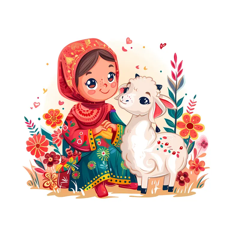 Girl and Sheep in Floral Setting