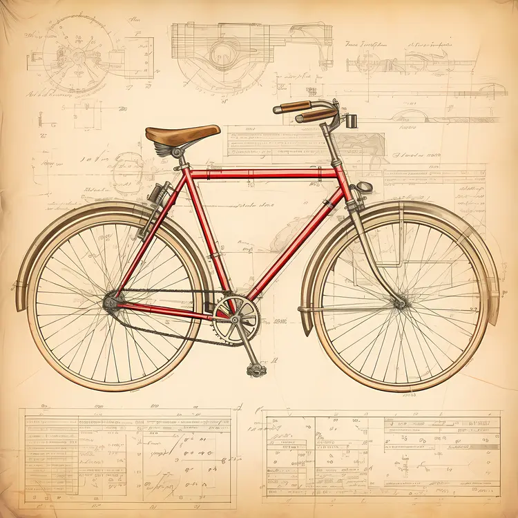 Vintage Red Bicycle Blueprint