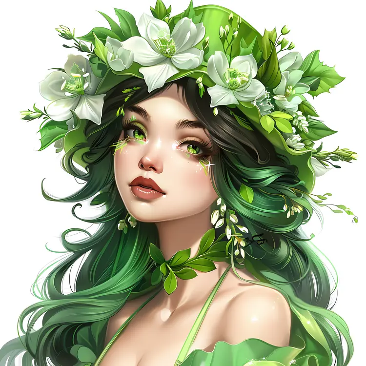 Elegant Green-Haired Woman with Flower Crown