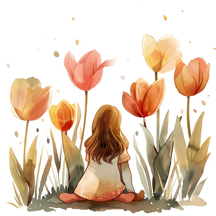 Girl Sitting Among Tulips