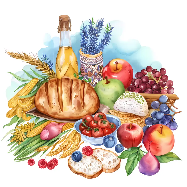 Colorful Food Arrangement with Bread and Fruits