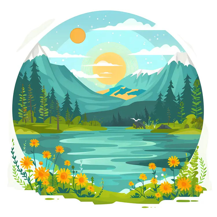 Beautiful Sunset Over Lake with Flowers