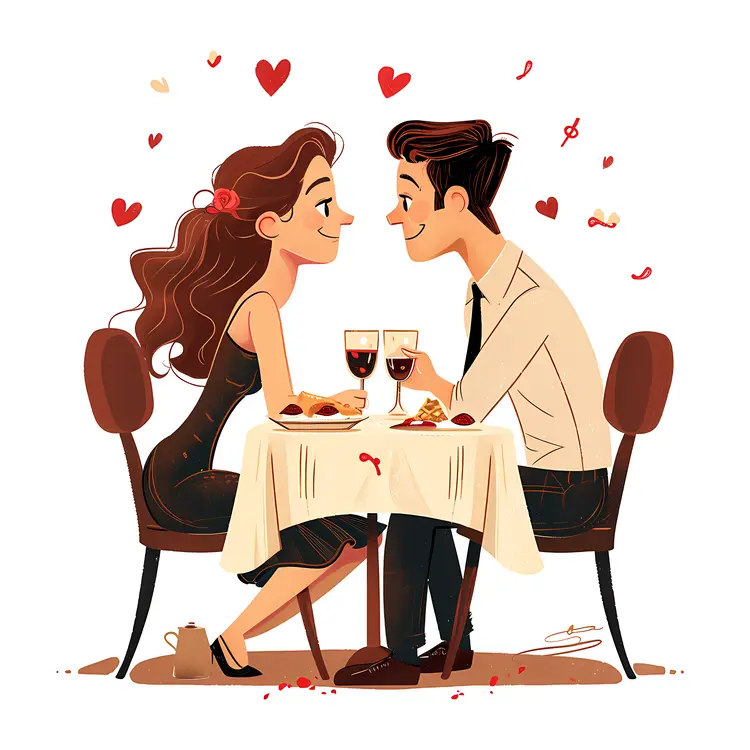 Romantic Cartoon Couple Dining with Hearts