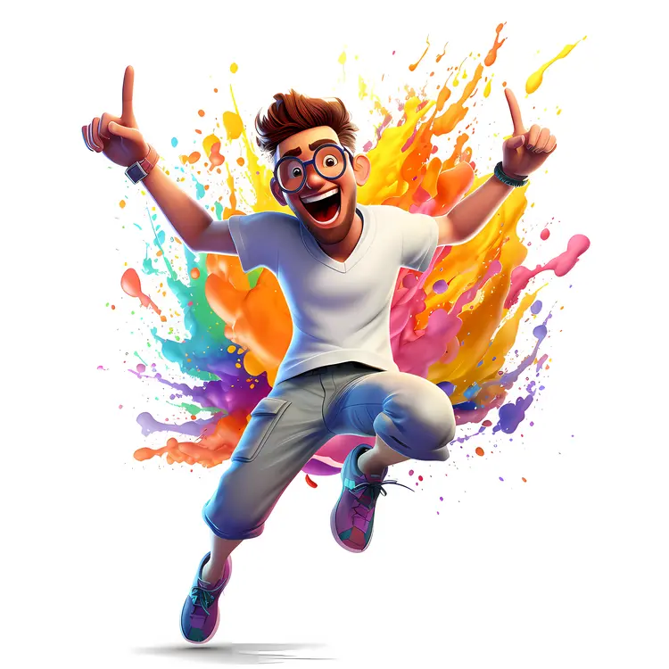 Excited Cartoon Man Jumping with Colorful Splash
