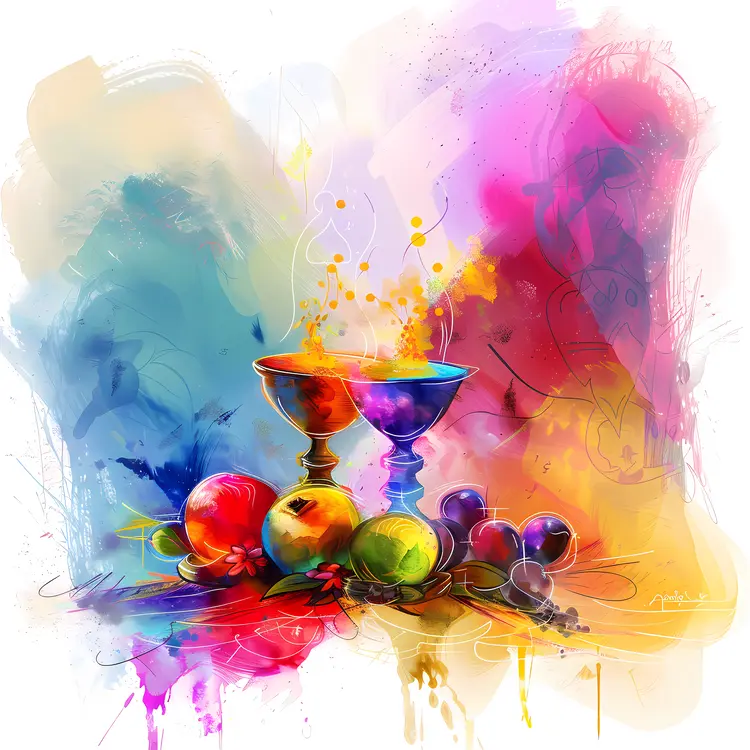 Colorful Still Life with Fruits and Cups