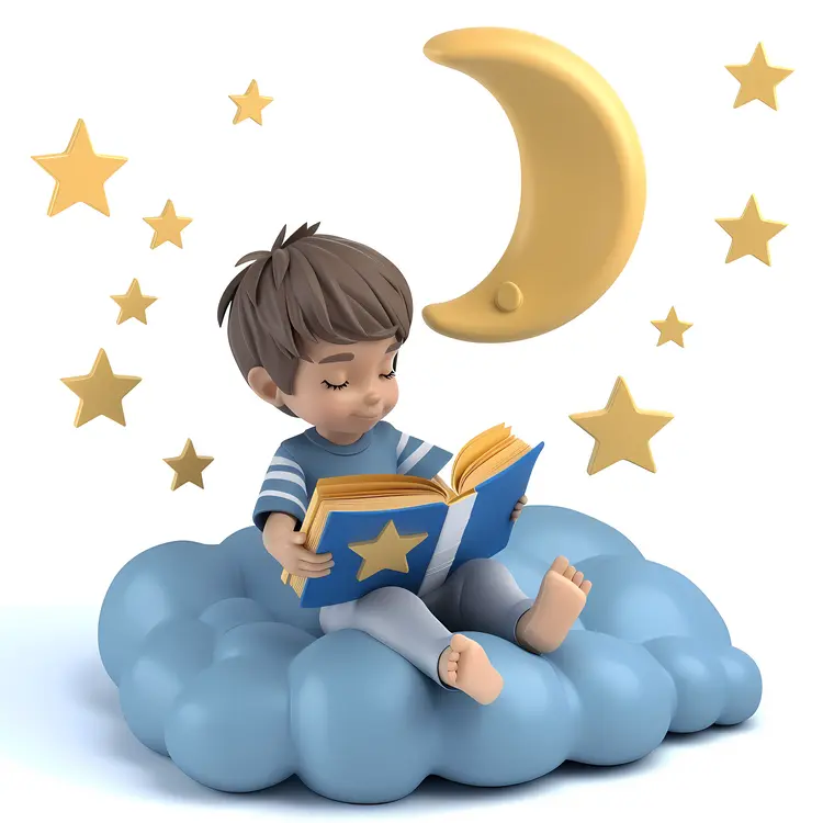 Boy Reading Book on Cloud with Stars and Moon
