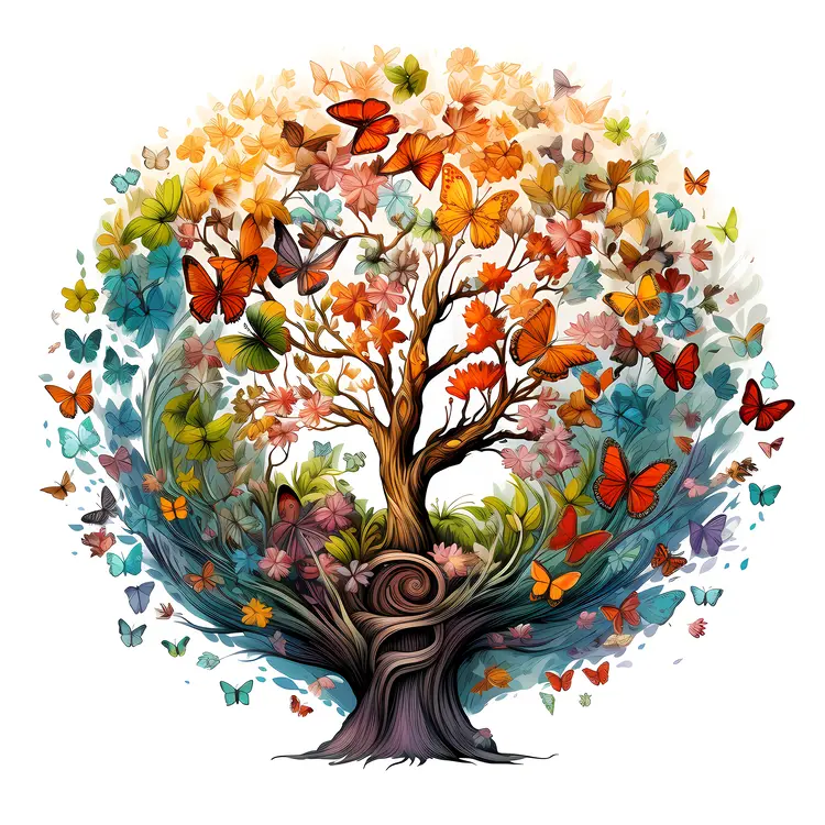 Tree with Butterflies and Flowers