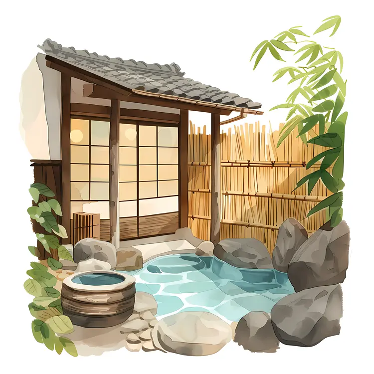 Japanese Hot Spring with Traditional House