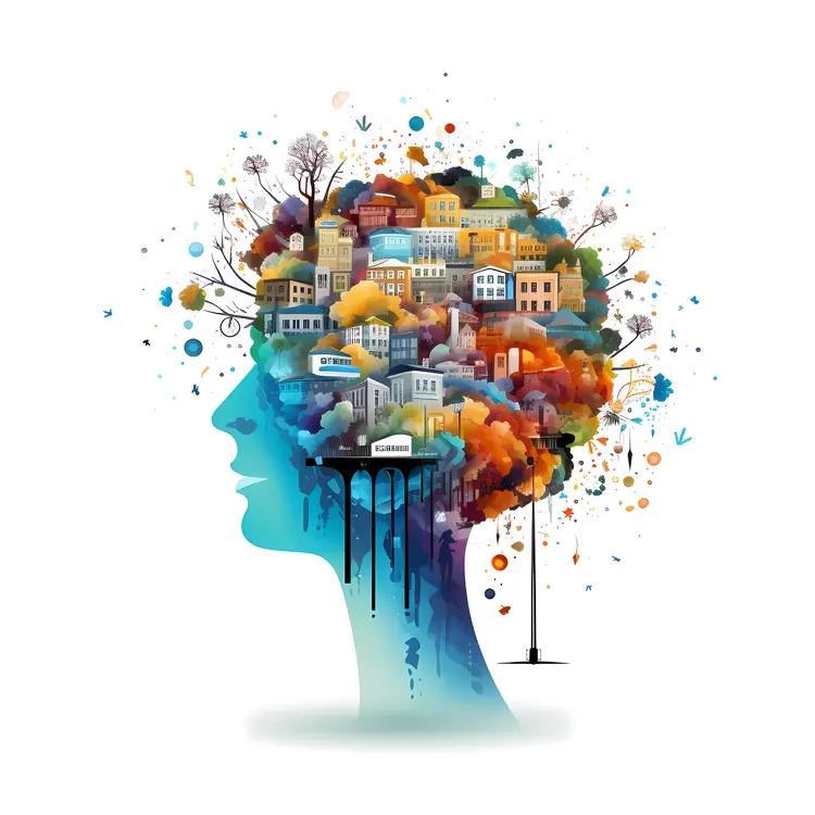 Cityscape in Head Silhouette with Colorful Buildings