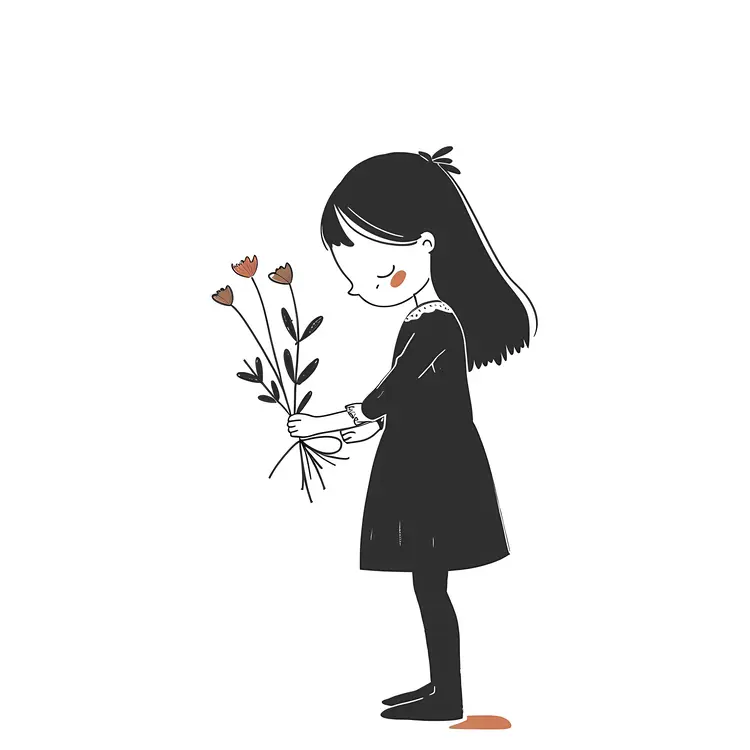 Black and White Girl Holding Flowers Illustration
