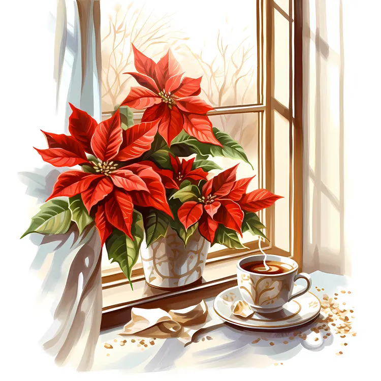 Red Poinsettia by the Window with Coffee Cup