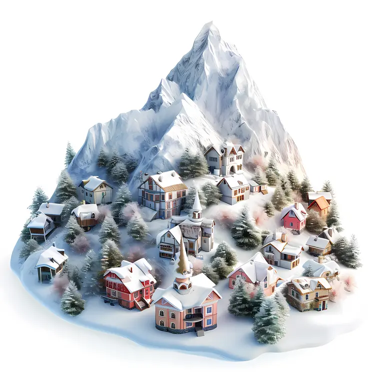 Snowy Village with Mountains