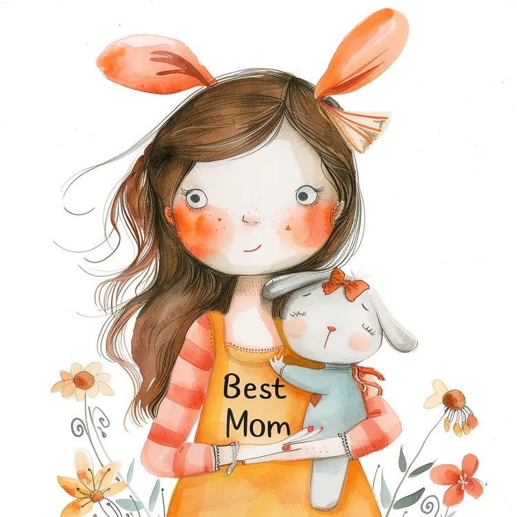 Cute Girl with Bunny Toy Illustration