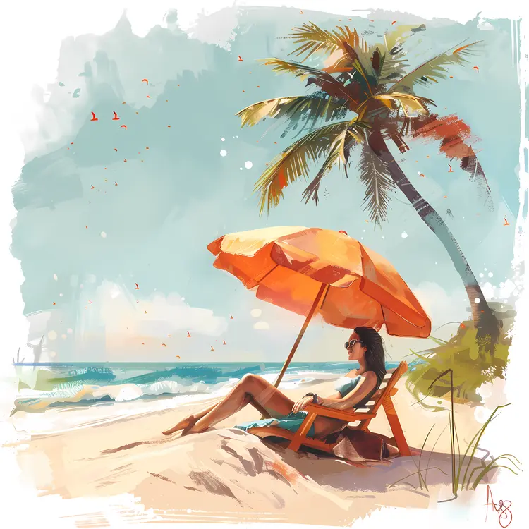 Person Relaxing under Umbrella on Beach