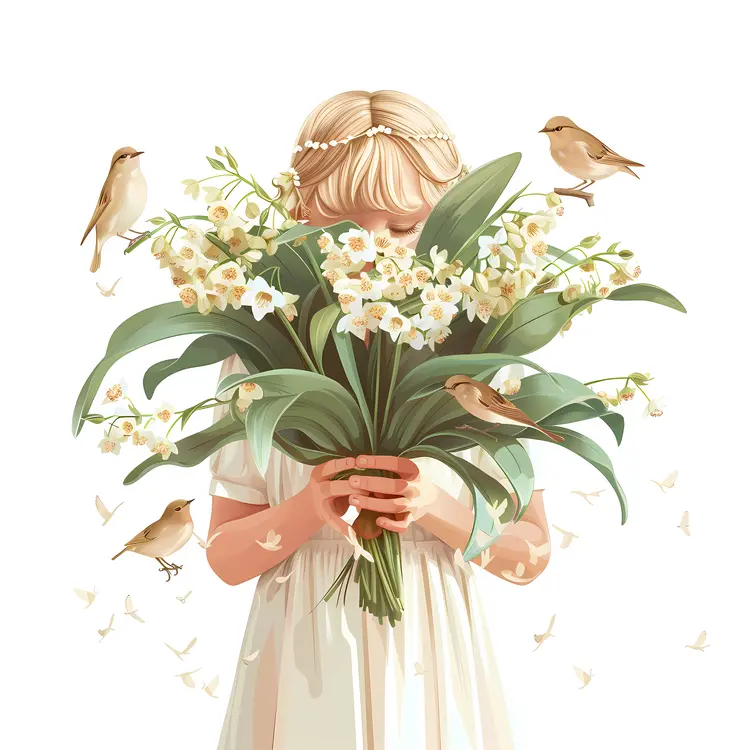 Cute Girl Holding Flowers with Birds