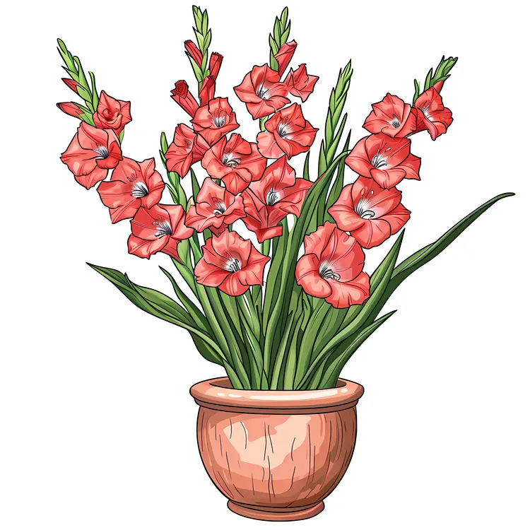 Red Gladiolus Flowers in a Terracotta Pot