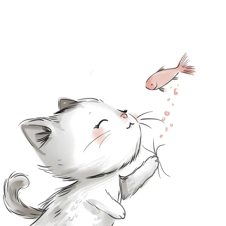 White Kitten with Small Goldfish