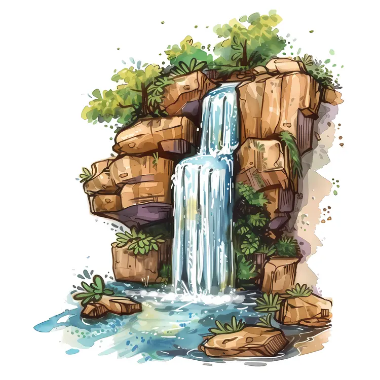 Cartoon Waterfall with Greenery and Rocks