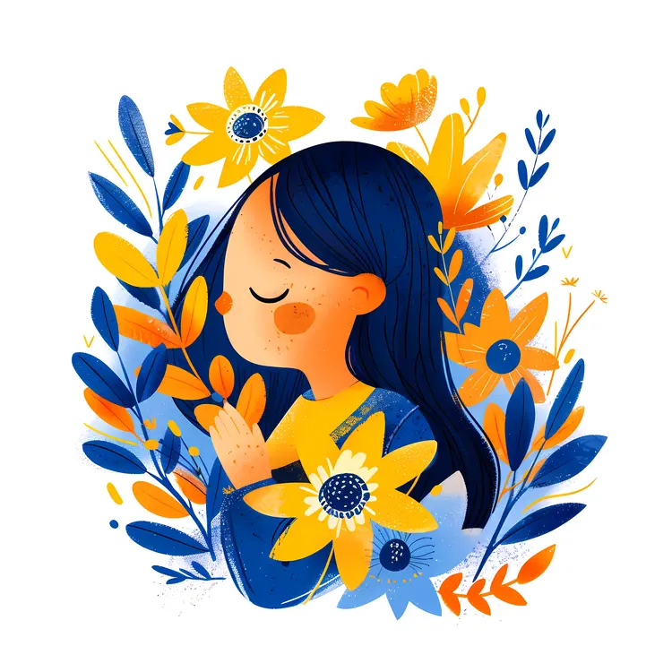 Cute Girl with Flowers in Blue and Yellow Illustration
