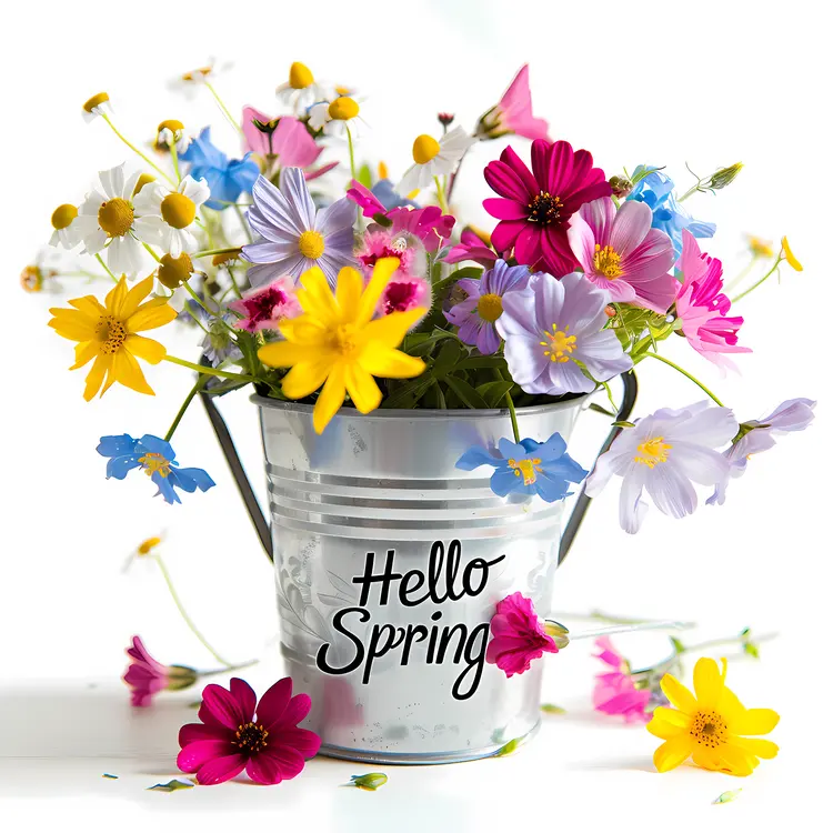 Hello Spring with Fresh Flowers in a Metal Bucket