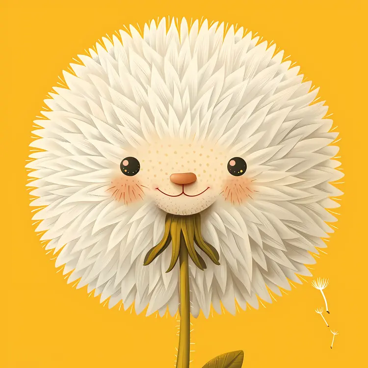 Cute Dandelion with Face on Yellow Background