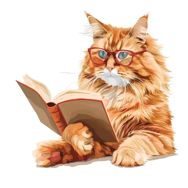 Orange Cat with Glasses Reading a Book