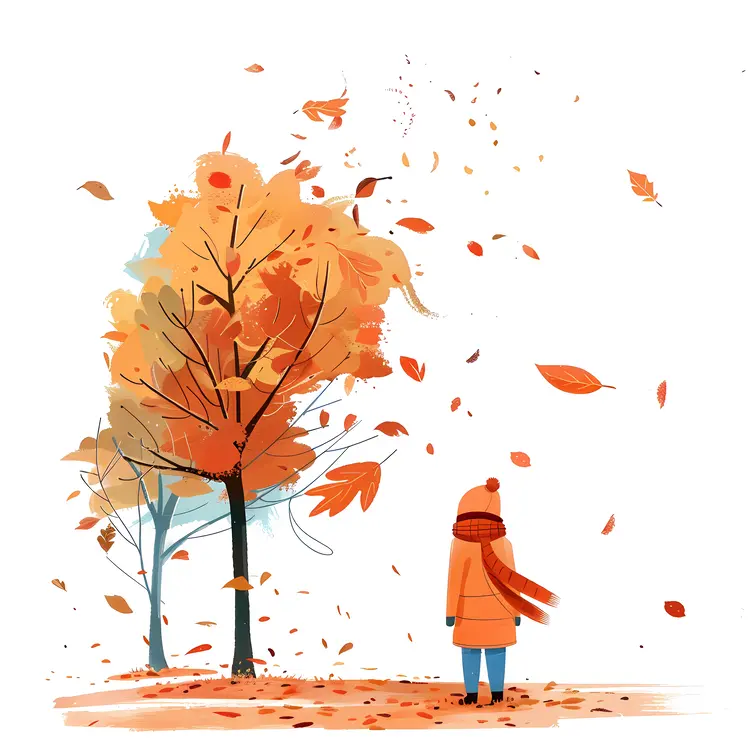 Person in Orange Coat with Autumn Tree