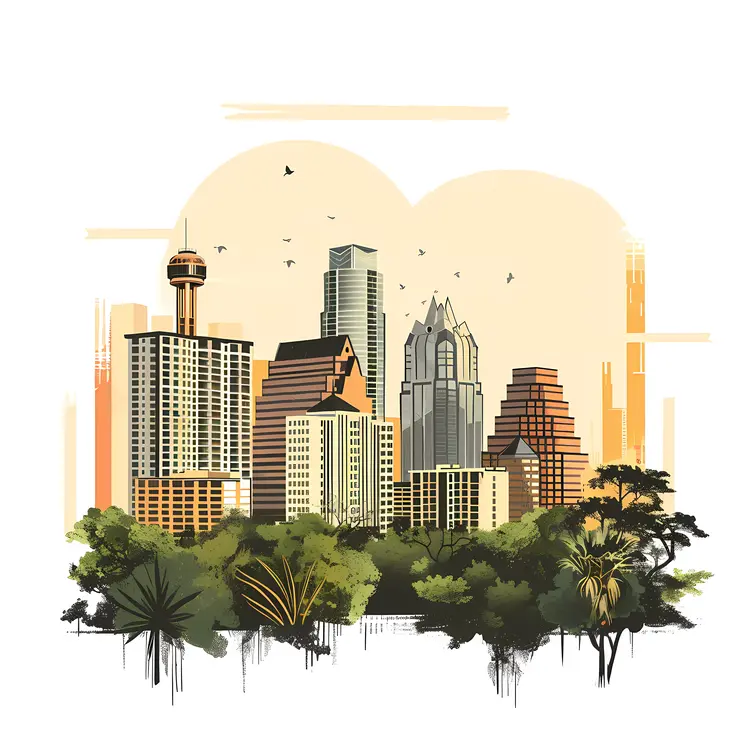 City Skyline with Trees and Birds