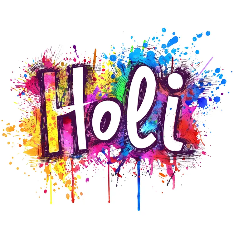 Colorful Holi Text with Paint Splashes