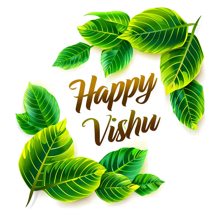Happy Vishu Greeting with Green Leaves