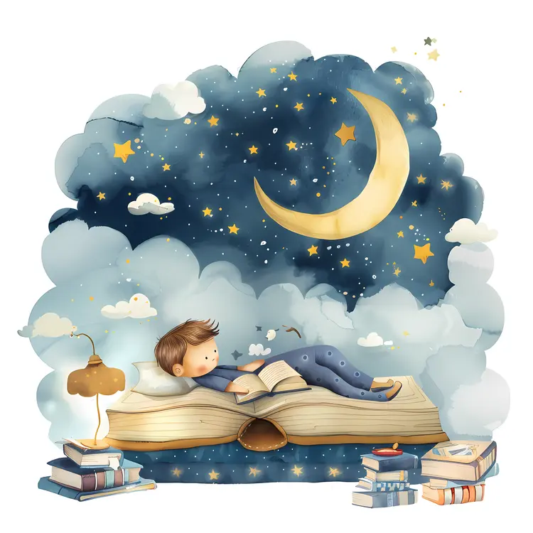 Child Reading on Book with Moon and Stars