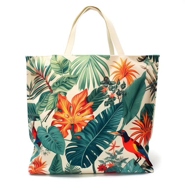 Tropical Tote Bag with Colorful Flowers and Leaves