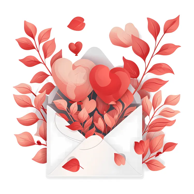 Heart Balloons and Envelope with Leaves Illustration
