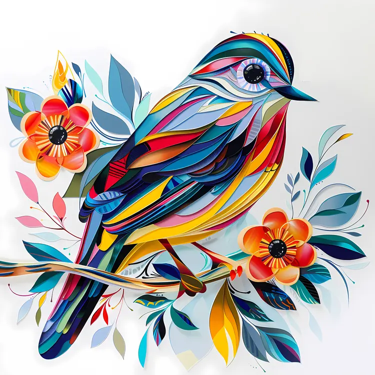 Colorful Bird with Decorative Feathers and Flowers